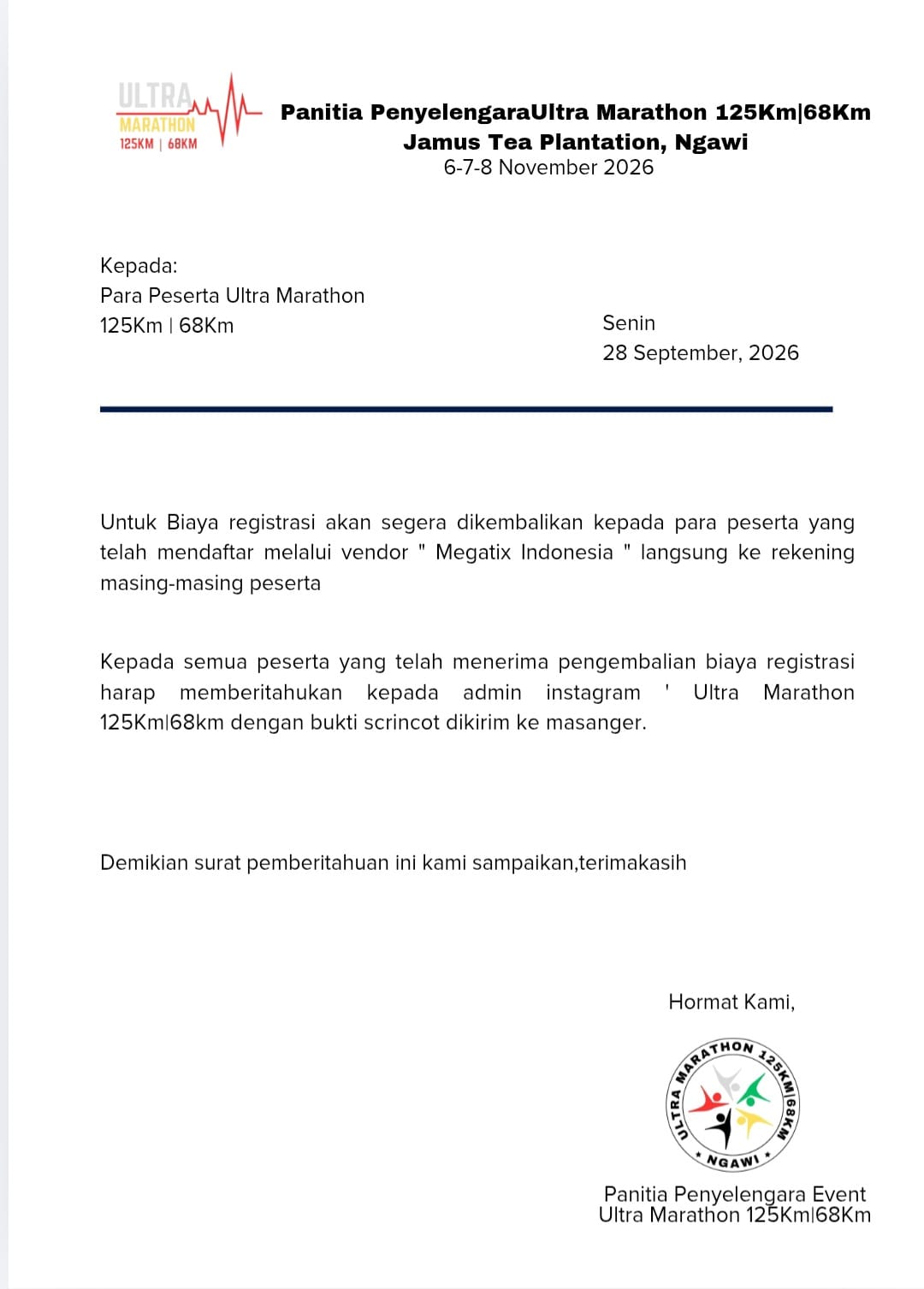 Surat resmi panitia mengenai pengembalian biaya registrasi melalui Megatix Indonesia